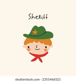 Isolated illustration of children head. Sheriff. Wild West. Western.
