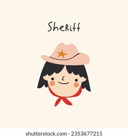 Isolated illustration of children head. Sheriff. Wild West. Western.