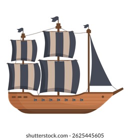 Isolated illustration of a classic pirate ship with sails and flags on a white background