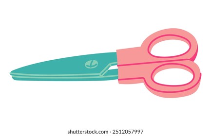 Isolated illustration of closed scissors. Flat pink handle and blue blade scissors sideways, for haircuts. The sign of children's bright scissors. A vector illustration drawn by hand. Lines