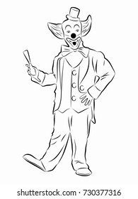 isolated illustration of clown, black and white drawing, white background
