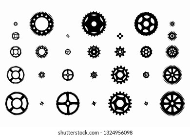 isolated illustration cog wheels and pinions, set of gears with the same module, white background