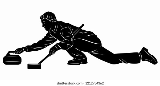 isolated illustration of curling player , black and white drawing, white background