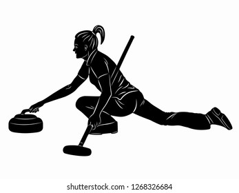 isolated illustration of curling player , black and white drawing, white background