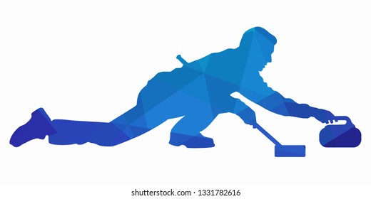 isolated illustration of curling player , blue triangles drawing, white background