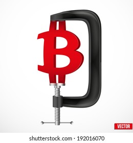 Isolated illustration of a currency symbol bitcoin being squeezed in a vice. Vector.
