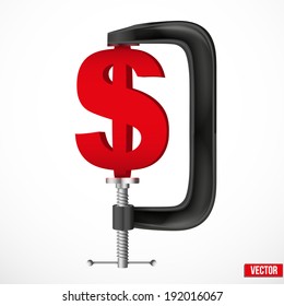 Isolated Illustration Of A Currency Symbol Dollar Being Squeezed In A Vice. Vector.