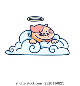 Isolated illustration of a cute angel cat on the clouds. Cartoon style. Vector.
