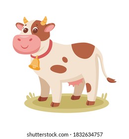 Isolated illustration cute cow stands on a green meadow vector