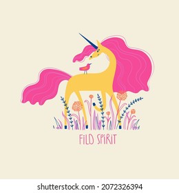 Isolated illustration with cute unicorn, bird and flowers. Card for birthday or party. Prints for nursery, girls room, t-shirt design.