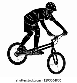 isolated illustration of a cyclist - biketrial , black and white drawing, white background