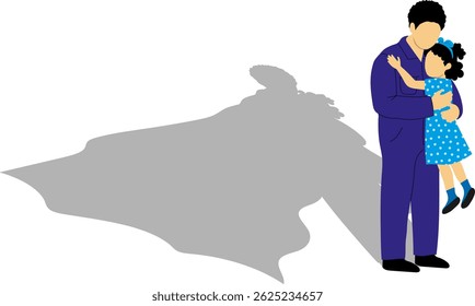 isolated illustration of dad holding daughter with superhero shadow, father's day and daughter's day concept