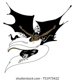 Isolated illustration of demonic winged goddess Lilith. Power of feminism. Vector based on hand drawn original style art. Black ink and gold.