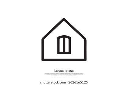 Isolated illustration depicts a simple house icon. It features clean lines, a house shape with a door, and a transparent backdrop.
