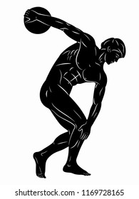 isolated illustration of discus thrower, black and white drawing, white background