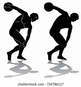 isolated illustration of discus thrower, black and white drawing, white background