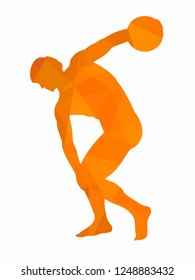 isolated illustration of discus thrower, orange triangles drawing, white background