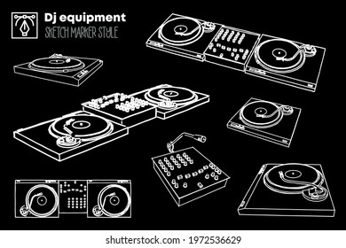 Isolated illustration of DJ equipment. Marker effect drawing. Logo, posters, flyers, web. 