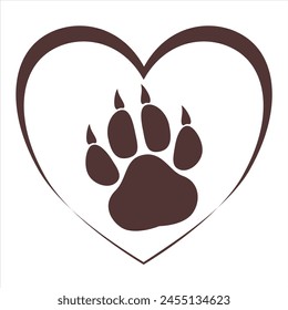 Isolated illustration of dog footprint in heart on white background, love for pets. 