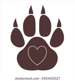 Isolated illustration of a dog paw footprint with a heart outline inside. Veterinary clinic logo, for printed products.