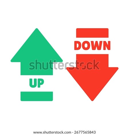 Isolated illustration of up and down arrows with red and green text for up and down direction