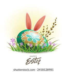 Ilustración aislada con huevo de Pascua con orejas confitadas, hierba verde con flores. Elemento de diseño.