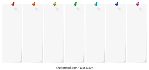 Isolated illustration eps 10 Seven sheets attached colored thumbtacks