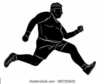 isolated illustration of fat man runner , black and white drawing, white background