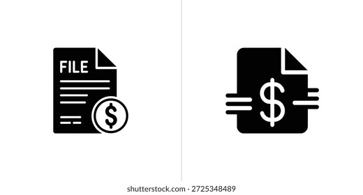 Isolated illustration features a file icon with visible dollar currency. Dollar symbol icon isolated on white background for versatility in various creative projects.