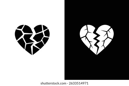 Uma ilustração isolada apresenta um coração fraturado em um fundo dividido, simbolizando o amor quebrado com pedaços quebrados e dor emocional.