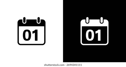 Una ilustración aislada con el icono del calendario que muestra el primer día del mes. Presentado en un diseño dividido con fondo blanco y negro.