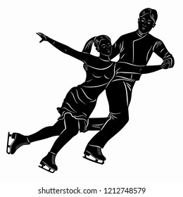 isolated illustration of figure skating couple , black and white drawing, white background