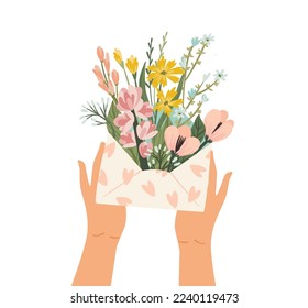 Isolated illustration of flowers in envelope. Vector design concept for Valentines Day and other use.