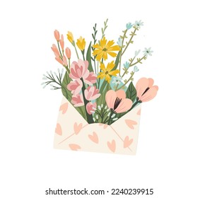 Isolated illustration of flowers in envelope. Vector design concept for Valentines Day and other use.