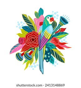 Isolated illustration with flowers and parrot. Brazil carnival. Vector design for carnival concept and other use