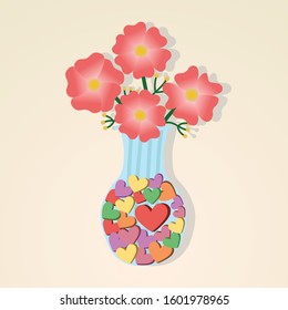 Isolated illustration of flowers and vase filling with colorful of hearts