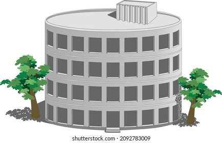 isolated illustration of four-story circular office building with roof access, trees on the both sides of the building and with sun shade