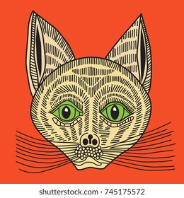 Isolated illustration of a funny cat's face. Russian folk style. Traditional old Russian lubok (popular print) style.