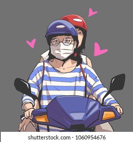 Isolated illustration of girls riding motorbike, motorcycle with face mask, helmet and glasses