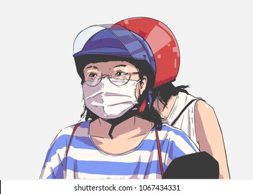 Isolated illustration of girls riding motorbike, motorcycle with face mask, helmet and glasses