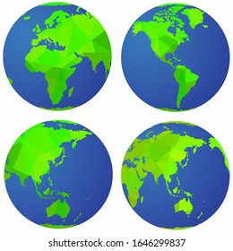 isolated illustration of globe earth set - africa, europe, asia australia, arctic, antarctica continent, colored triangles vector drawing,  white background 