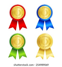 Isolated illustration of a gold approval seal and red , gold , blue and green ribbons. Seal of approval
