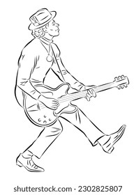 isolated illustration of a guitarist player, black and white vector drawing, white background