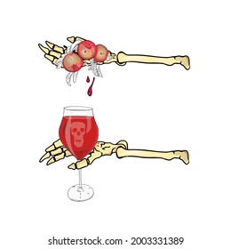Isolated illustration of Halloween. Skeleton, bony hand with poison and apples, blank for designers, clothes, wrapping paper, wallpaper, postcards, mystic