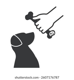 Isolated illustration of a hand holding a bone near a dog, dog feeding, per care