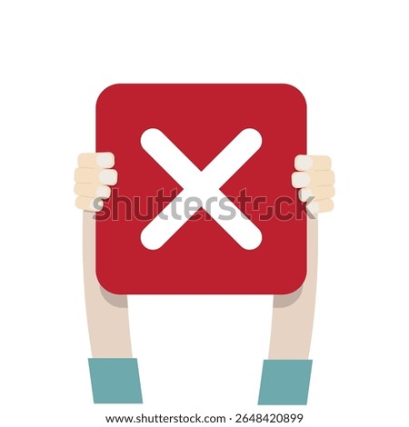 Isolated illustration of a hand holding a cross sign, representing the wrong choice, incorrect answer, or negative decision.