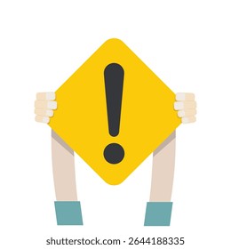 Isolated illustration of a hand holding Exclamation caution board to indicate warning and protection