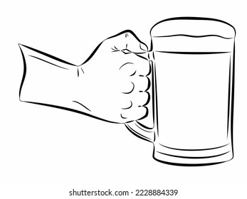 isolated illustration of a hand holding a pitcher of beer, black and white drawing, white background