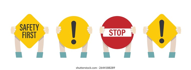 Isolated illustration of a hand holding Safety First sign, Stop sign, and Exclamation caution board to indicate warning and protection