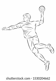 isolated illustration of handball player,  black and white vector drawing, white background 